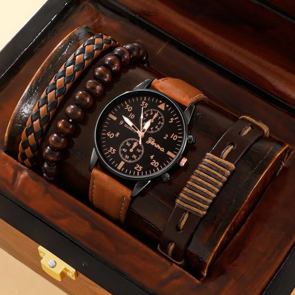 4pcs Set New Men Watch Luxury Bracelet Set Fashion Business Brown Leather Quartz